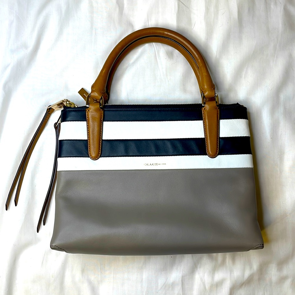 Coach Mini Borough Bag Bar Stripe Saddle Leather Satchel Gray Tan Black White